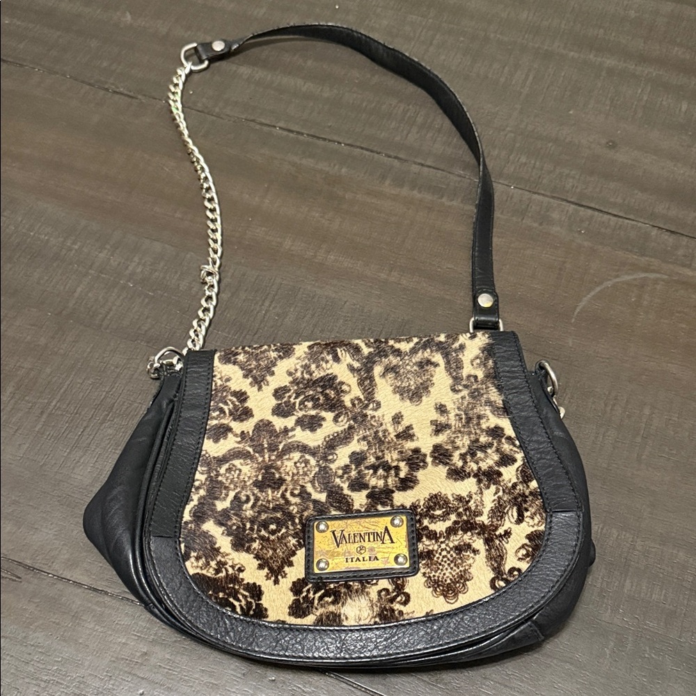 Valentina Black and Brown Floral Crossbody Bag